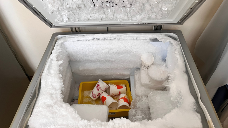 Inside a commercial minus twenty degrees Celsius freezer with frost and monitoring sensors for cold-chain testing
